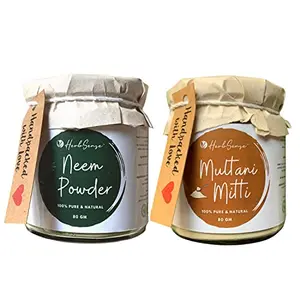 HerbSense Neem Powder & Multani Mitti Powder-Combo Pack of 2 For Skin & Hair Acne & Oil Control Dandruff & Itchy Scalp Face Pack (Neem Powder- 80gm Multani Mitti 80gm Glass Jar)