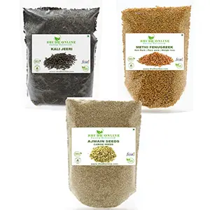 Shudh Online Methi Ajwain Kali Jeeri Combo Pack - 800 Grams (Fenugreek Seeds Menthulu 500g- Ajwain Carom Vaamu 200g Kadwa Kali Jiri Black Cumin Seed 100g Mixture)