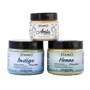 STAMIO Indigo Amla Powder Combo Pack for Hair Colour Mask DIY | Natural Indigofera tinctoria | Lawsonia Inermis | Pure Indian Gooseberry | Triple-Sifted & Microfine | Suitable For All Hair Types Men & Women | In Jar - 250 gm (100gm X 2 + 50gm)