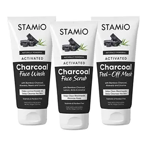 STAMIO Activated  Facial Kit Combo for Men & Women | Face Wash + Scrub + Peel-Off Mask | Bamboo | All Skin Types | 300gm