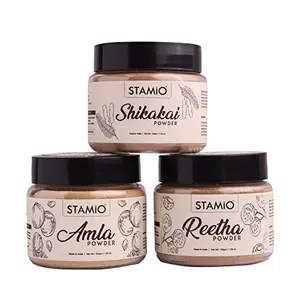 STAMIO Amla Reetha Shikakai Powder Combo for Hair Pack Wash Mask DIY | Seedless Indian Gooseberry | Pure Aritha nuts | Acacia concinna | Natural Cleanser/Shampoo | In Jar - 150 gm (50gm X 3)