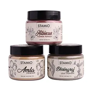 STAMIO Hibiscus Amla Bhringraj Powder Combo Pack for Hair Care Mask DIY | Pure Rosa-sinensis Gudhal Flower | Natural Indian Gooseberry | Eclipta alba | Triple-Sifted & Microfine | Suitable For All | In Jar - 150 gm (50gm X 3)