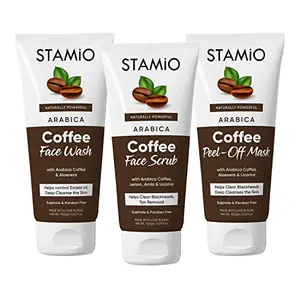 STAMIO Coffee Facial Kit Combo for Men & Women | Face Wash + Scrub + Peel-Off Mask | All Skin Types | 300gm