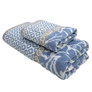 STAMIO Cotton 490 GSM Bath and Hand Towel Set for Men and Women | Extra Soft & Absorbent Towels | (Light Blue) Jessica Jacquard Border