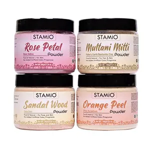 STAMIO Orange Peel Sandalwood Face Pack Multani Mitti and Rose PetPowder Combo for Skin Care Mask DIY | Men & Women | In Jar - 330gm (100gm X 2 + 80gm + 50gm)