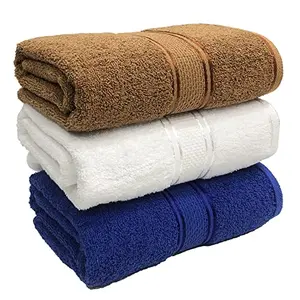 STAMIO Cotton 425 GSM Bath Towel Set for Men and Women | 70 X 140 cm Extra Soft & Absorbent Large Size Towels for Bathing | Combo Pack of 3 | Brown White and Blue