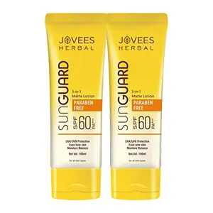 JOVEES Herbal Sun Guard Lotion SPF 60 PA++++ | 3 in 1 Matte Lotion | Daily Use UVA/UVB Protection Moisture Balance Even Tone Skin | Boot star 4 Rating | For Women/Men 100 ML (Pack of 2)