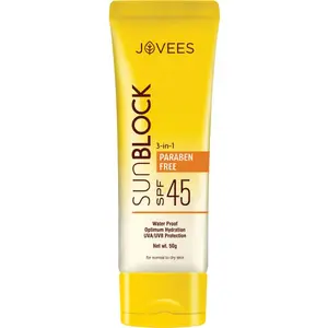 JOVEES Sun Block SPF 45 | For Dry Skin | Water Proof UVA/UVB Protection Moisturization| Paraben and Alcohol Free | For Women/Men | Paraben And Alcohol Free | 50 G