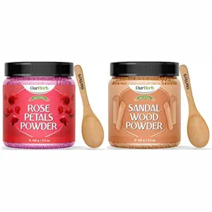 OurHerb Rose Petal and Sandalwood Powder Face Pack Pure & Natural Skin Whitening Face Mask and Facial for All Type of Skin Care with Wooden Spoons Combo Pack - 200g (100g X 2)