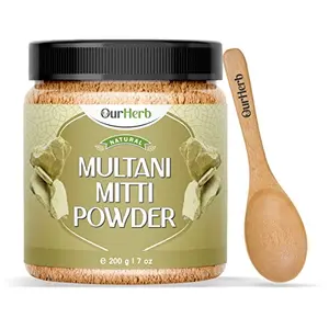 OurHerb Multani Mitti (Fuller's Earth) Powder for Skin & Hair with Wooden Spoon - 200g | 7 Oz