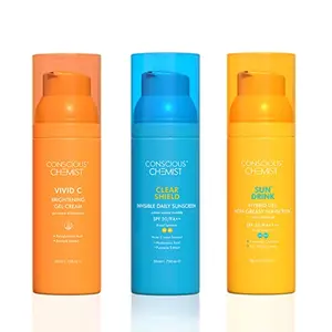 Conscious Chemist Sun Defense Discovery Pack | Vitamin C SPF30 Hybrid Daily SPF50 Invisible Daily SPF30 | Fragrance Free Cruelty Free | Pack of 3