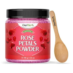 OurHerb Pure & Natural Rose Petal Powder for Skin & Hair with Wooden Spoon - 100g | 3.5 Oz