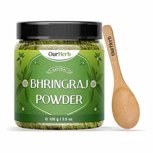 OurHerb Pure & Organic Bhringraj (Eclipta Prostrata) Powder for Natural Hair Care with Wooden Spoon - 100g | 3.5 Oz