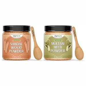 OurHerb Sandalwood & Multani Mitti Powder for Skin Care with Wooden Spoons Combo Pack - 200g (100g X 2)