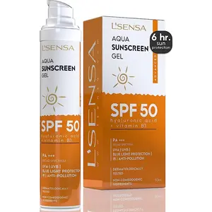 L'SENSA SPF 50 for Oily Skin, Waterproof Sun cream, 1% Hyaluronic Aqua Gel, Free from Oxybenzone, For Oily, Combination & Ace Prone Skin, Make-Up Friendly For Women & Men, 50Gram