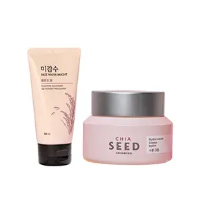 The Face Shop Korean Skincare Set - Chia Seed Hydro Cream 50ml + Rice Water Bright Foaming Cleanser 50ml | Hydrating Face Cream for 24-Hour Hydration | Face Wash For Glowing Skin | Korean Skin Care Products