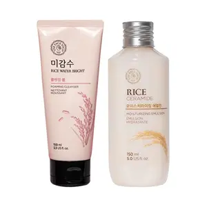 The Face Shop 2 Step Brightening Routine combo | Rice Water Bright Foaming Cleanser (150ml) + Rice & Ceramide Moisturizing Emulsion (150ml)