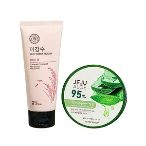The Face Shop Rice water Bright Cleansing Foam and Jeju Aloe Gel | Face wash with Rice Extract for Brighten the Skin| With 95% Pure Aloe extract and Deep Moisturizing & Hydration |For All Skin Types |Korean Skin care Products