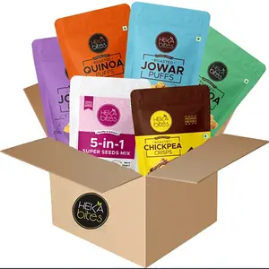 Heka Bites day Snacks Box | 6 Healthy Snacks | Roasted |Gift of Health| Quinoa Puffs - 2 flavors|Jowar Puffs - 2 flavors| Chickpea Crisps| 5-in-1 superseeds mix with cran