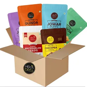 Heka Bites day Snacks Box | 6 Healthy Snacks | Roasted |Gift of Health| Quinoa Puffs - 2 flavors| Jowar Puffs - 2 flavors| Chickpea Crisps| Classic Watermelon seeds