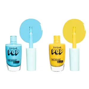 SUGAR POP Nail Lacquer - 03 Aqua Babe & 04 Hello Yellow 10 ml - Dries in 45 seconds - Quick-drying Chip-resistant Long-lasting. Glossy high shine Nail Enamel / Polish for women.