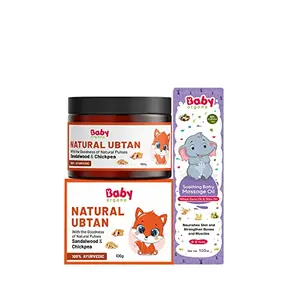 Babyorgano Natural Face and Body Care Ubtan and Massage Oil Combo Pack - Nourishing Care with Chickpea Sandalwood Olive and Coconut Oil for Your Little One's Delicate Skin