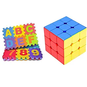 ToysBuddy 36 Pieces Mini Puzzle Foam Mat for Interlocking Learning Alphabet and Number Mat for Multicolor & Storio Cubes 3x3 High Speed Sticker Less Magic Puzzle Cube Game Toy