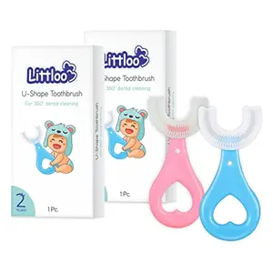 LITTLOO U-Shaped Silicone Tooth Brush with Soft Bristles for Complete 360 Degree Dental Cleaning Material For New Borns Toddlers & -Pack Of 2 (Blue & k)
