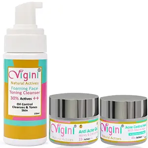 Vigini Anti Acne Facial Kit (Face Gel + Clay Pack Fancy Cover+ Foaming Toning Cleansing Free Wash) Niacinamide Tea Tree 2% Salicylic Acid Oily Prone Skin Pimples Blackheads Scars Blemishes Removal Men Women Girls Boys