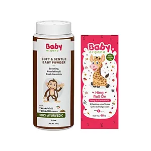 Babyorgano Soft - Gentle Anit Bacterial Summer Powder for Prevents Diaper Rash & Hing Roll On with Natural Ginger & Fennel Oil for Colic in New Born Combo