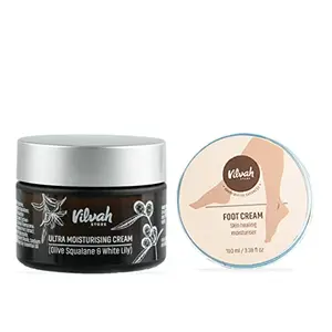 Vilvah Ultra Moisturising Combo | Foot Cream - 100ml | Ultra Moisturising Cream (Olive Squalene And White Lily) -50ml | Sulphate Free | for Men & Women | Suitable for All Skin Types
