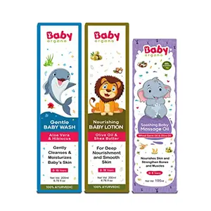 Babyorgano Newborn Care Kit - Ayurvedic Natural Body Wash Lotion & Massage Oil Bundle for Delicate Skin - Soothes Nourish and Protects from Dryness