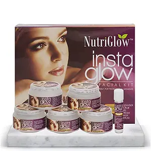 NutriGlow Insta Glow Facial Kit 6-Pieces Skin Care Set with Deep Cleanser Scrub Nourishing Gel Whitening Cream Fancy CoverPack And Serum Acne Prone Tan For Bright Skin 250 gm + 10 ml