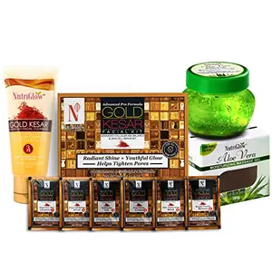 NutriGlow NATURAL'S Advanced Pro Formula Gold Kesar Facial Kit (60gm) Aloe Vera Face Gel (100gm) & Gold Kesar Face wash (65ml) For Helps Tighten Pores Helps to Removes Wrinkles Pack of 3
