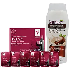 NutriGlow NATURAL'S Advanced Pro Formula Wine Facial Kit (60gm) and Shea Butter Milk Proteins (200ml) for Skin Moisturization & Remove Blackheads Pack of 2