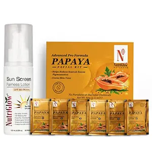 NutriGlow NATURAL'S Advanced Pro Formula Combo Pack of 2 Papaya Facial Kit (60gm) & Fairness Lotion SPF 40(120ml) For To the Core Excess Pigmentation & Tan Free Skin
