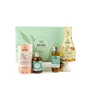 NAT Habit Cuddly New Born Gift Set Combo with 4 Essenti| Includes Massage Oil Hair Oil Powder and Ubtan | Shower Gift | New Born Gifts (Winter Gift Set)