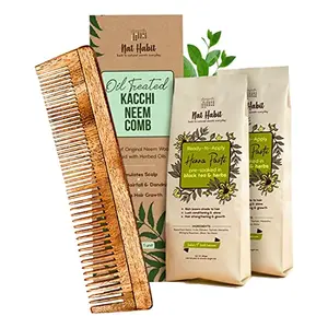Nat Habit Dual Tooth Wooden Kacchi Neem Comb & Paste Soaked in BlackTea and Herbs For Hair Growth Hairfall Control & Hair Smoothening (Combo Pack of 3)