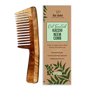 Nat Habit - Back To Natural Secrets Everyday Kacchi Neem Comb Wooden Comb For Men Women | Treated With Neem Oil Bhringraj & 17 Herbs (Wide Tooth)