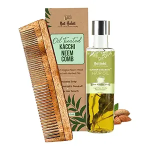 Nat Habit - Back To Natural Secrets Everyday Dual Tooth Wooden Kacchi Neem Comb & Olive Almond Dasabuti Hair Oil for Dry and Frizzy Hair with Castor Coconut & Amla (Combo Pack of 2)