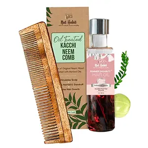 Nat Habit - Back To Natural Secrets Everyday Dual Tooth Wooden Kacchi Neem Comb & Hibiscus Dasabuti Hair Oil For Dry And Frizzy Hair With Castor Coconut & Amla (Combo Pack Of 2)