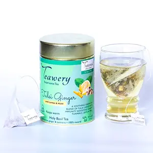 Tassyam Organics Teawery Tulsi Ginger 20 Biodegradable Tea Bags | Basil Turmeric Ginger Green Tea Blend Plant Based Fabric Pyramid Teabags
