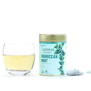 Tassyam Organics Teawery Moroccan Mint 20 Biodegradable Tea Bags | Refreshing Mint Green Tea Blend Plant Based Fabric Pyramid Teabags