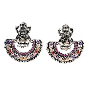 G&F Stone Studded Silver Goddess Lakshmi Earrings