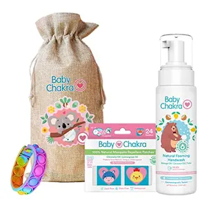 BabyChakra Ultimate Care Gift Kit with Mosquito Repellent Patches (24 Patches) Foaming  (200ml) with Free Jute Pouch & Popit Band