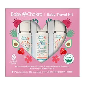 BabyChakra Travel Kit-30x3ml Head-to-Toe Travel Kit Wash (30ml) Shampoo (30ml) & Massage Oil (30ml) 100% Natural Dermatologically Tested Complete Hair & Body Care Range