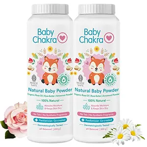 BabyChakra Talc-Free Natural Powder Dermatologically Tested Absorbs Moisture pH Balanced Made with Rose Butter Organic Rose Oil & Arrowroot Powder 100% Safe (200gm) x 2