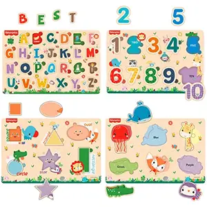 Fisher Price Wooden Educational Colorful Alphabets Counting Numbers Shapes and Colours Puzzle for Preschool (12x8 Inches) - Set of 4