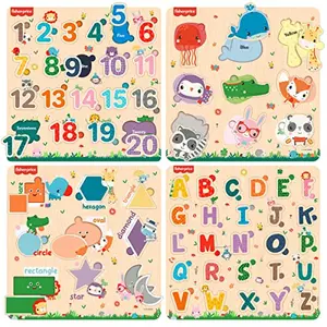 Fisher Price Wooden Educational Colorful Alphabets Counting Numbers Shapes and Colours Puzzle for Preschool (12x12 Inches)- Set of 4
