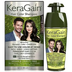 KeraGain Hair Colour Shampoo (Darkest Brown, 180Ml) - Ppd & Ammonia Free Hair Color For Women & Men | Permanent Hair Dye Shampoo With 100% Grey Coverage Up To 8 Weeks | Argan,Onion Oil & Vegan Keratin
